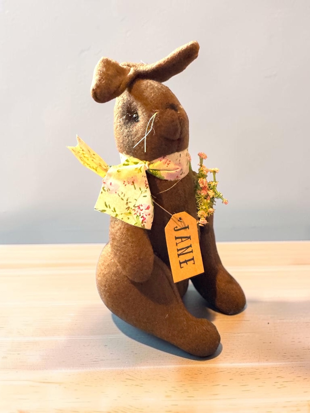 Vintage Hearthside Brown Fabric Bunny Figurine with Floral Scarf and Tag 'Jane'